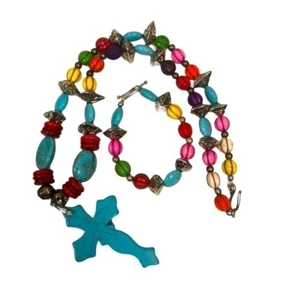 Artisan Art Deco Boho Beaded Turquoise Cross Necklace & Bracelet - Picture 1 of 12